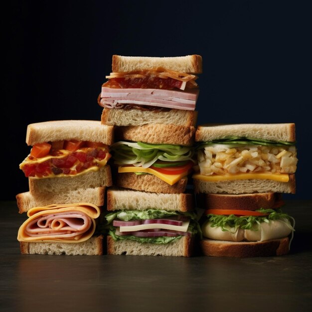 Sandwiches with ham cheese and vegetables on a dark background