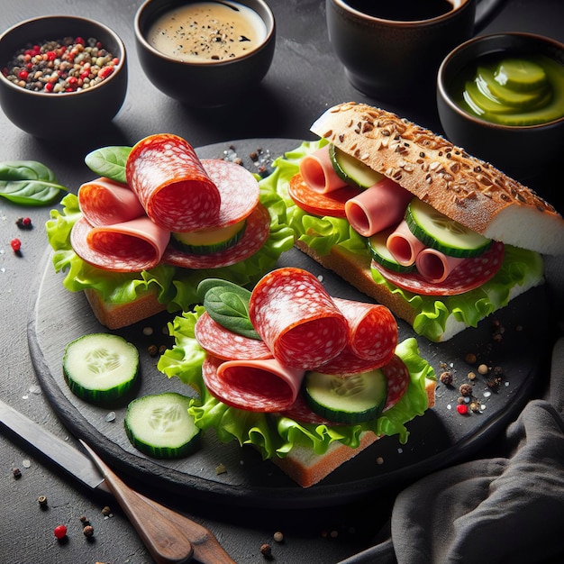 흑색 접시 에 러드 잎 과 살라미 소시지 를 잘라 놓은 샌드위치
