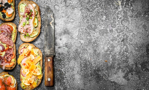 Sandwiches with meat, salami, seafood and fresh vegetables. On a rustic table.