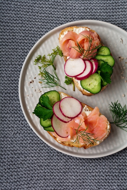 Sandwiches with smoked pink salmon, radish, cucumber and cream cheese on gray ceramic plate and textile surface