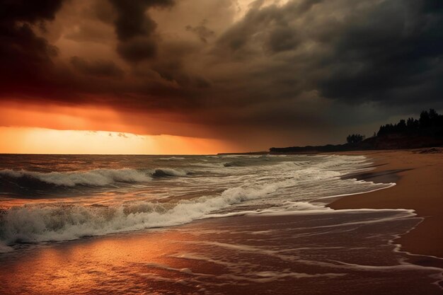 Foto spiaggia sabbiosa lungo un oceano all'alba con nuvole scure di rosso e arancione ai generativo