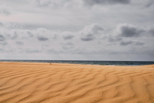 Sandy beach on the Black Sea coast in spring cloudy weather Clouds on the gray sky