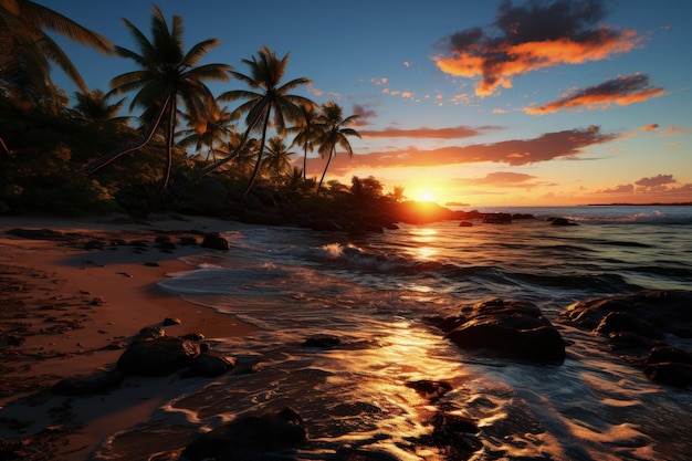 Sandy beach ocean desert island and sunset