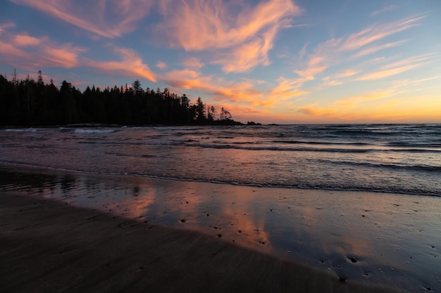 Sandy beach on the Pacific Ocean Coast during a vibrant summer sunset