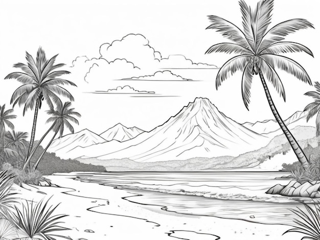 sandy beach palm trees coconuts mountains black and white