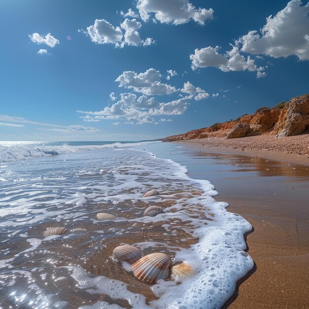Песчаный пляж простирается на расстояние под голубым небом, заполненным белыми облаками.