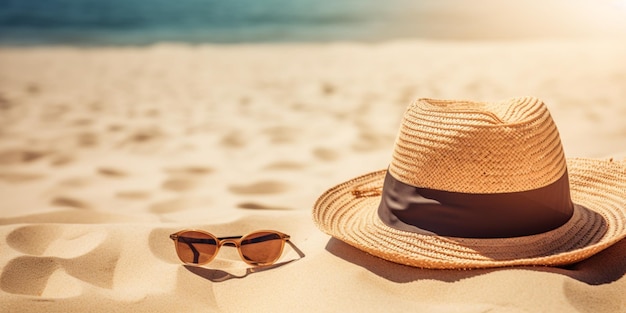 Photo sandy beach and sun protection items