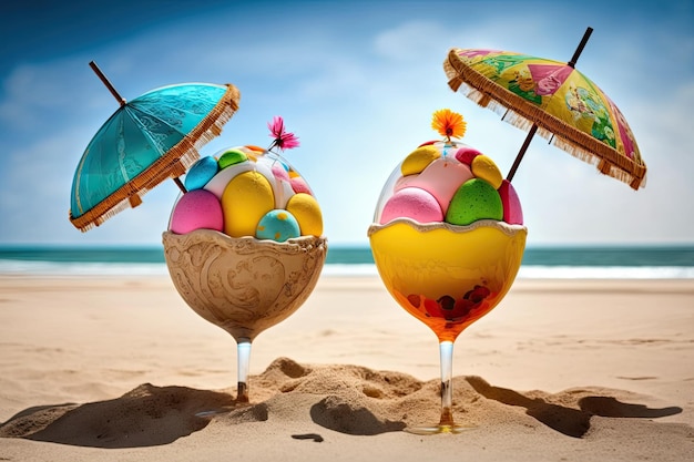 On the sandy beach there are two Easter eggs with cocktail umbrellas