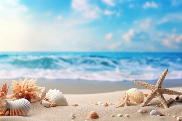 Sandy beach with collections of seashells and starfish summer travel design Generative AI