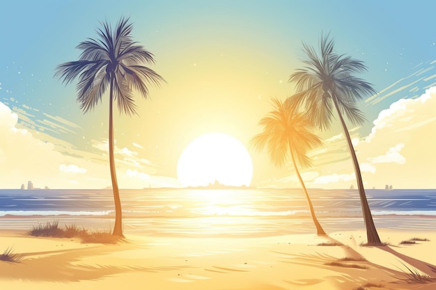 Sandy beach with palm trees near the ocean in the rays of the sun The concept of summer generative ai