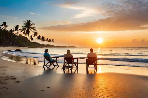 a sandy beach with palm trees swaying in the breeze and a group of locals offering grilled seafood