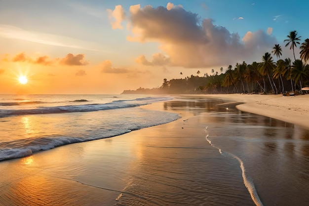 a sandy beach with palm trees swaying in the breeze and a group of locals offering grilled seafood