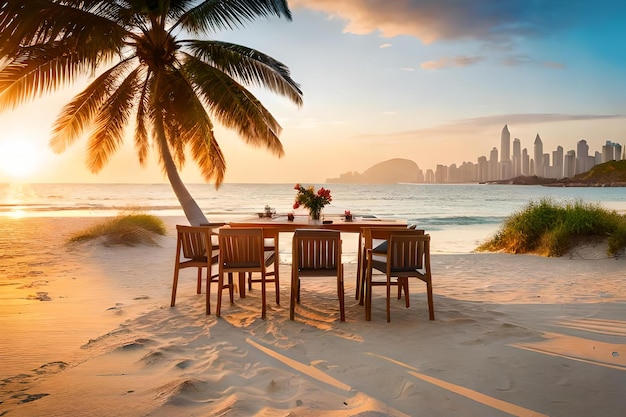 a sandy beach with palm trees swaying in the breeze and a group of locals offering grilled seafood