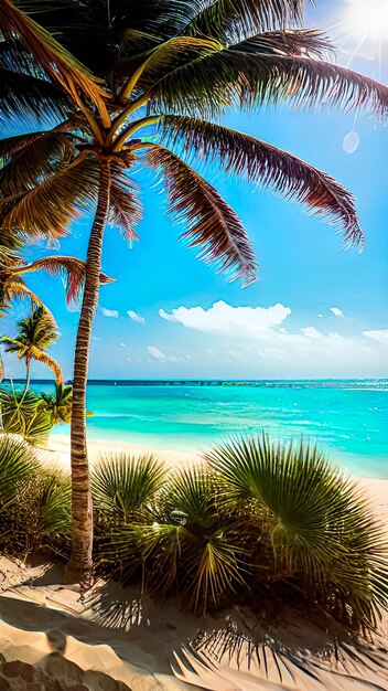 A sandy beach with palm trees