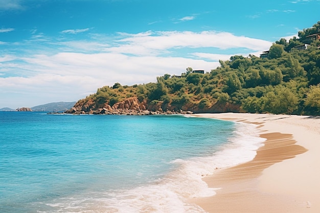 Sandy beach with quiet sea and vegetation