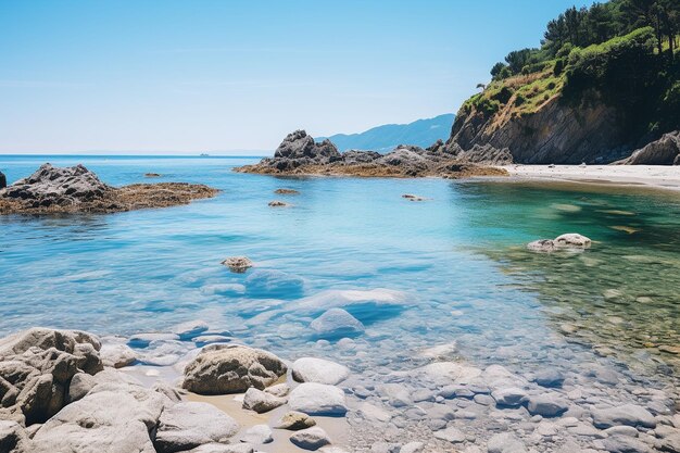 Sandy beach with a rocky cove and tide pools