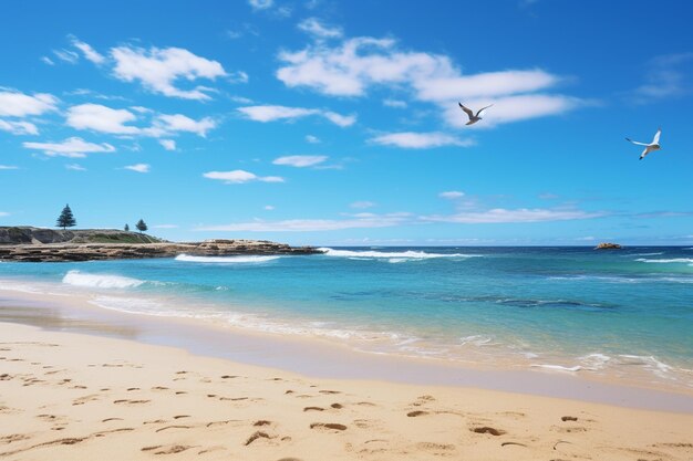 Sandy beach with seagulls flying overhead