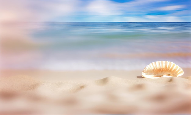 Песчаный пляж с ракушками размытым тропическим пляжем, морем и небом, летний отдых, концепция фона, генеративный AI