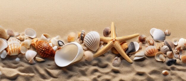 Photo sandy beach with shells and starfish as a natural textured background