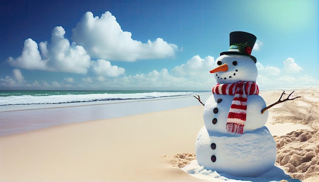 Sandy Christmas Snowman is celebrating Christmas on a beautiful beach with Generative AI Technology