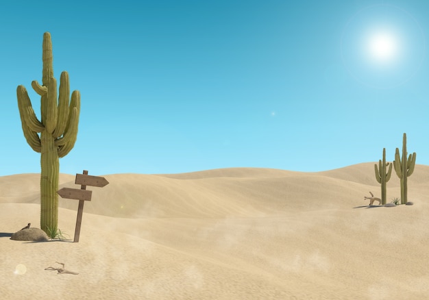 Sandy desert landscape with cactus and wooden sign on blue sky background