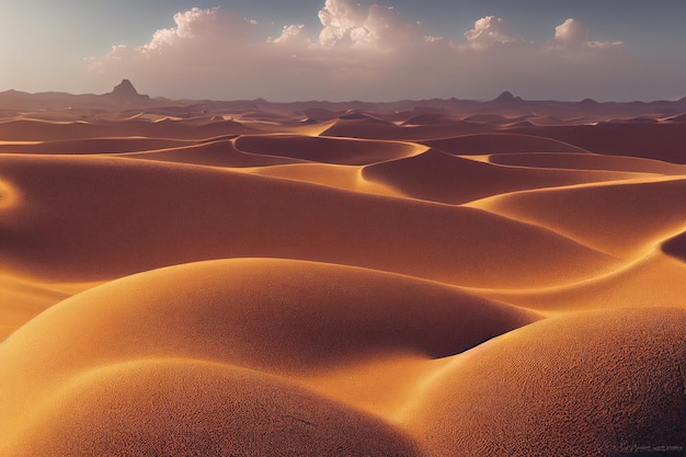 구름 3d 삽화가 있는 푸른 하늘 아래 주황색 모래와 바위가 있는 모래 사막 풍경