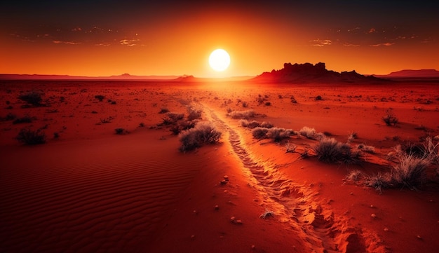 Sandy dunes blaze with orange heat at dusk generative AI