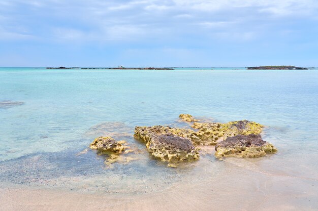 Una spiaggia sabbiosa di elafonissi sull'isola di creta con acque turchesi.