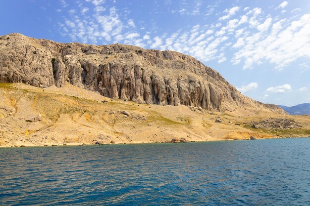 Фото Песчаные одинокие острова и холмы на побережье синего моря. пейзажная фотография необитаемых островов, большие нависающие скалы. остров паг, хорватия.
