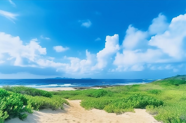 a sandy path leading to the beach with a blue sky