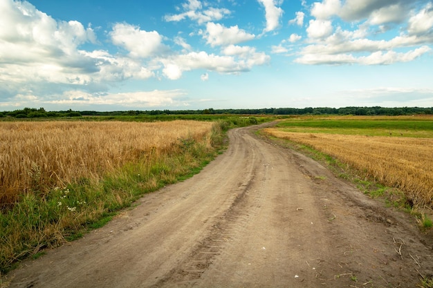 Sandy road through farmland and clouds to the sky