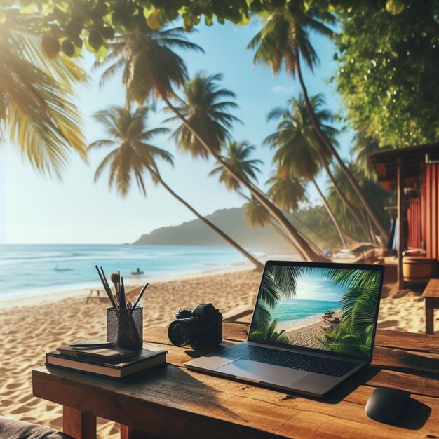 Песчаный берег рабочее пространство ноутбук на деревянном столе пальмы вид на океан творческое спокойствие