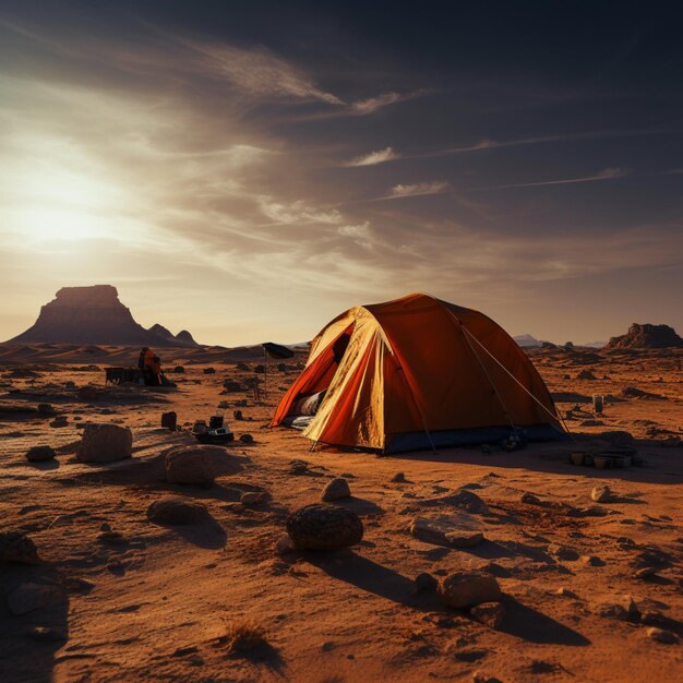 Sandy solitude Camping alone in barren desert far from civilizations bustle For Social Media Post S