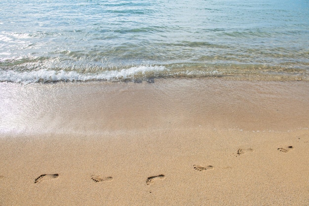 Sandy summer beach, wave and footprints at sunset time.