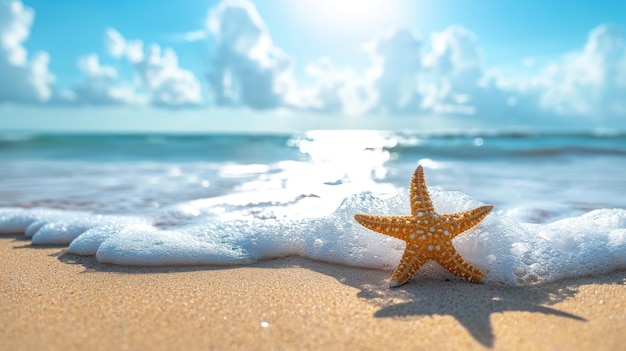 sandy tropical beach rolling waves and a lone starfish