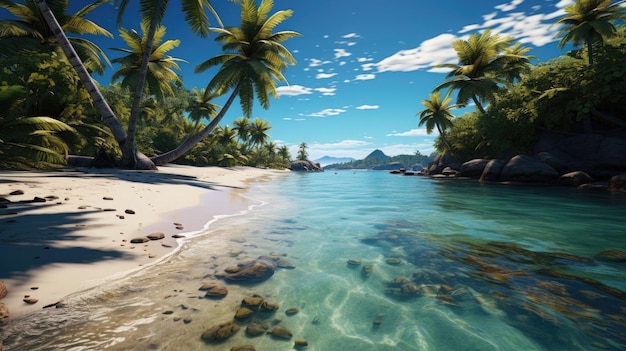 sandy tropical beach with island on background sunny Generative Ai