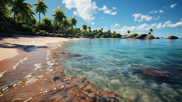 sandy tropical beach with island on background sunny Generative Ai