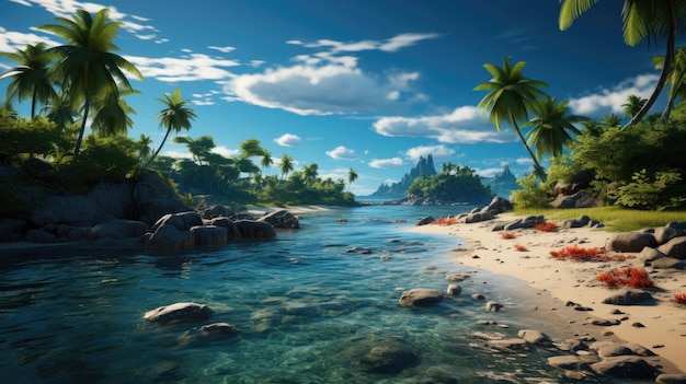 sandy tropical beach with island on background sunny Generative Ai