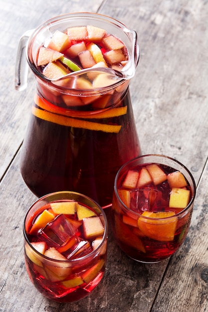 Sangria drink in glass on wooden table