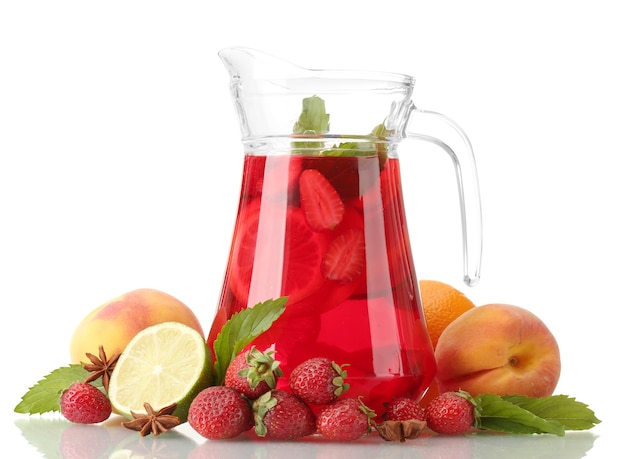 Sangria in jar with fruits, isolated on white