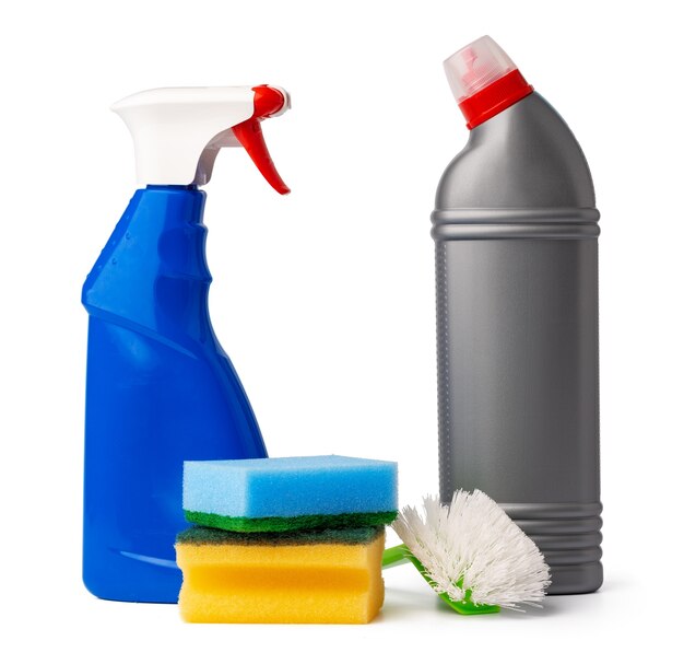 Sanitary household cleaning items isolated on white background