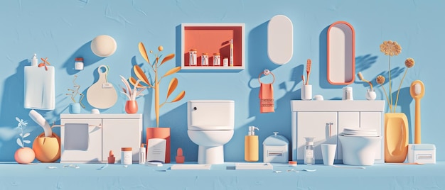 Санитарный набор для ванной с мебелью, туалетными принадлежностями, санитарным оборудованием и предметами гигиены Плоская мультфильмная современная иллюстрация