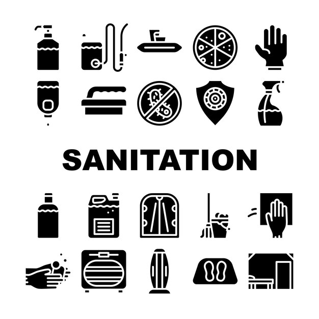 Sanitatie Accessoires Collectie Pictogrammen Set Vector Sanitaire Apparatuur En Gereedschap Antivirus Bescherming Borstel Handschoen Desinfectie Spray Vloeistof Glyph Pictogrammen Zwarte Illustraties