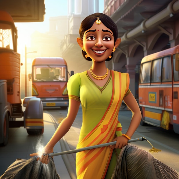 Photo sanitation worker woman in saree cartoon style