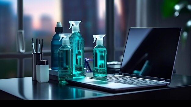 Foto sanitizing essentials flessen met dispenser op tafel antisepticum naast laptop desinfectie gadgets bacteriën schoonmaken na buitenbezoek sanitizer gebruik generatieve ai