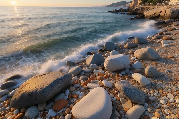 Photo sanremo riviera dei fiori liguria italy scenis rocks and pebbles on beach illuminated beautiful by sunset lig