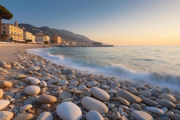 Photo sanremo riviera dei fiori liguria italy scenis rocks and pebbles on beach illuminated beautiful by sunset lig