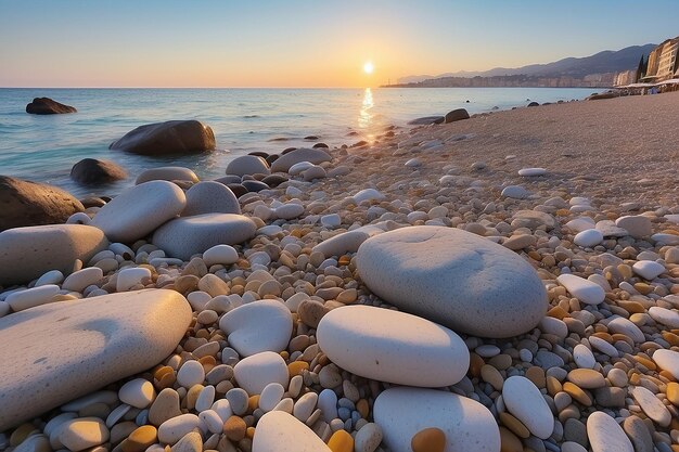Sanremo riviera dei fiori liguria italy scenis rocks and pebbles on beach illuminated beautiful by sunset lig