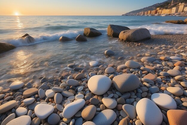 Photo sanremo riviera dei fiori liguria italy scenis rocks and pebbles on beach illuminated beautiful by sunset lig