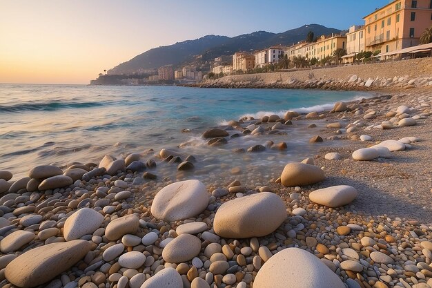 Сан-Ремо Ривьера де Фиори Лигурия Италия пейзажи скалы и камешки на пляже прекрасно освещены закатами